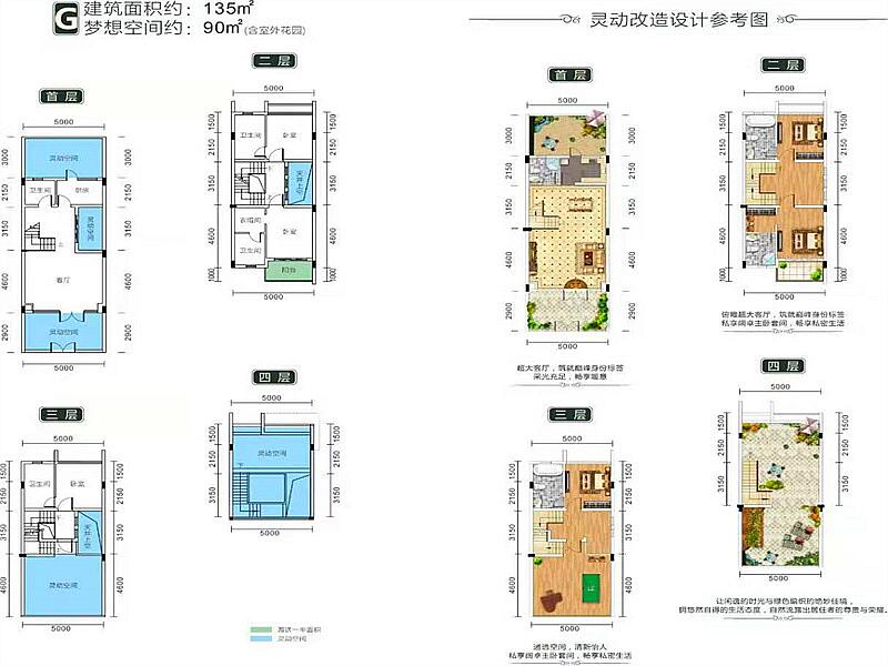 联排建筑面积135m² 占地面积约60m²卫