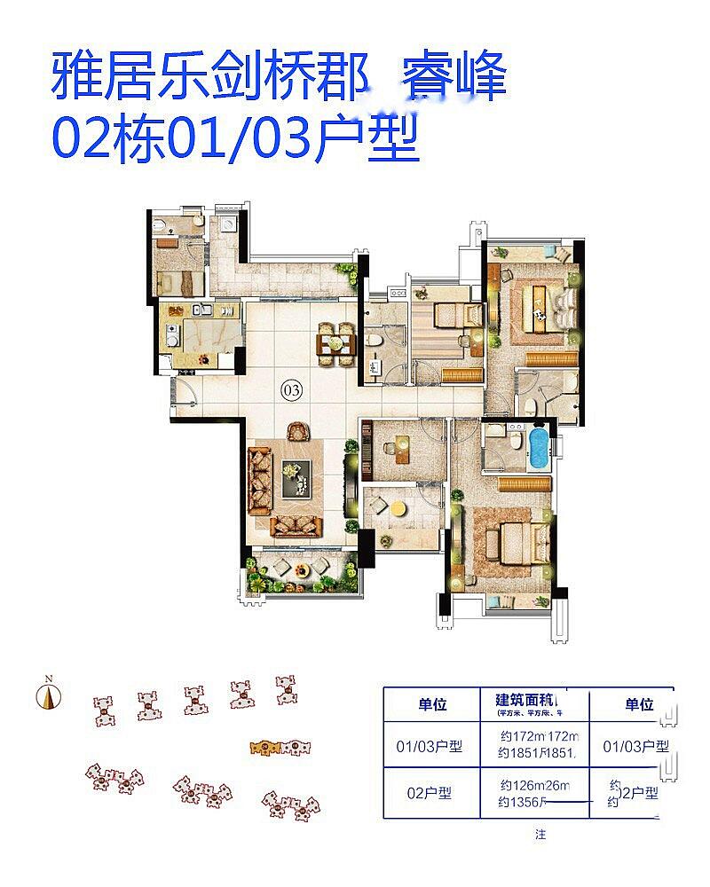 雅居乐剑桥郡户型图 睿峰02栋01/03户型 172㎡