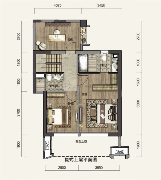 D1户型上层 4房2厅3卫1厨 建面：132㎡