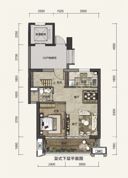 D1户型下层 4房2厅3卫1厨 建面：132㎡