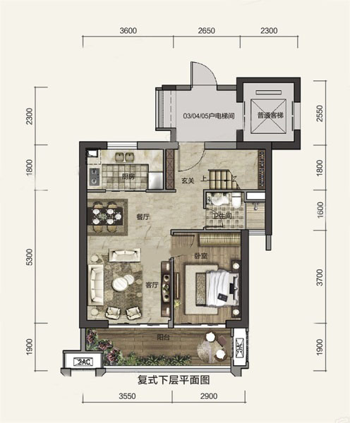 D2户型下层 4房2厅3卫1厨 建面：129㎡