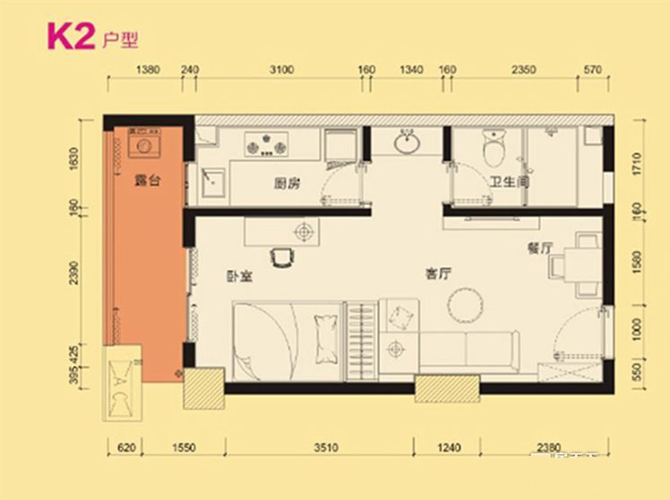 K2户型 1室2厅1卫1厨 建筑面积：61.70㎡