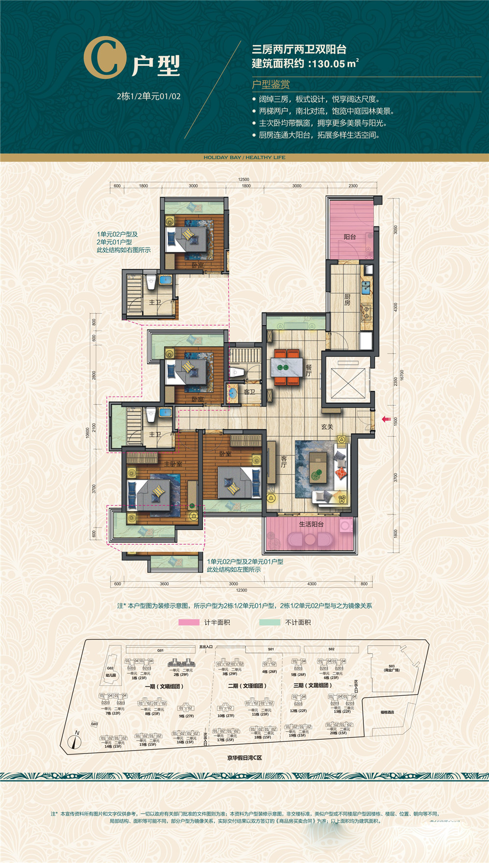 C户型 三房两厅两卫 建面约130㎡