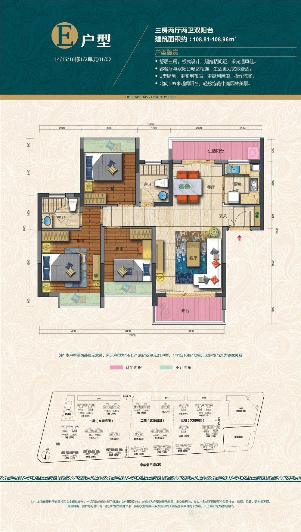 E户型 三房两厅两卫 建面约108㎡