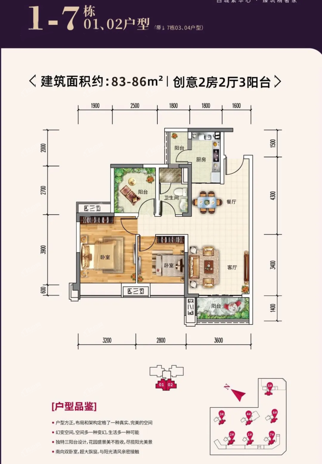 1-7栋01、02户型 创意2室2厅3阳台 建面约83-86