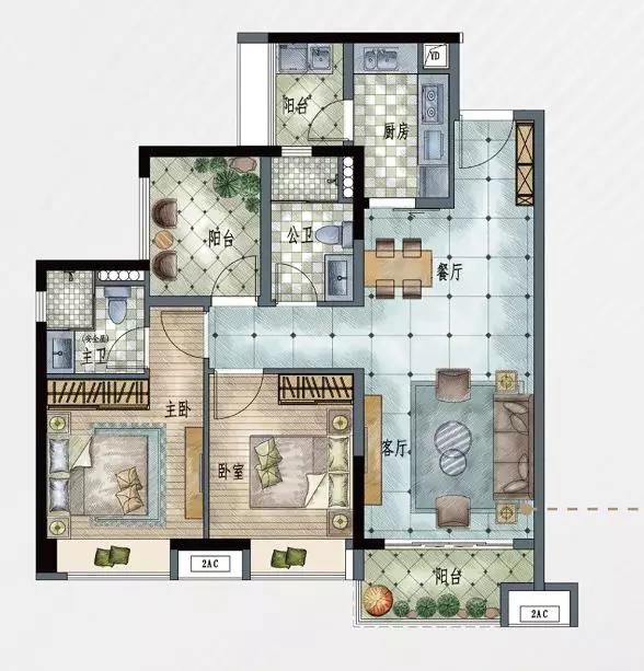 02户型图 3室2厅2卫 建面：98㎡