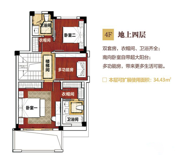 别墅E户型地上四层 5室3厅4卫1厨 建筑面积：178.53