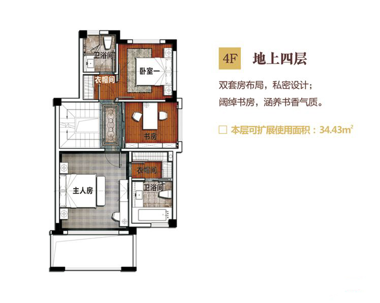 别墅F户型地上四层 5室3厅4卫1厨 建筑面积：184.46