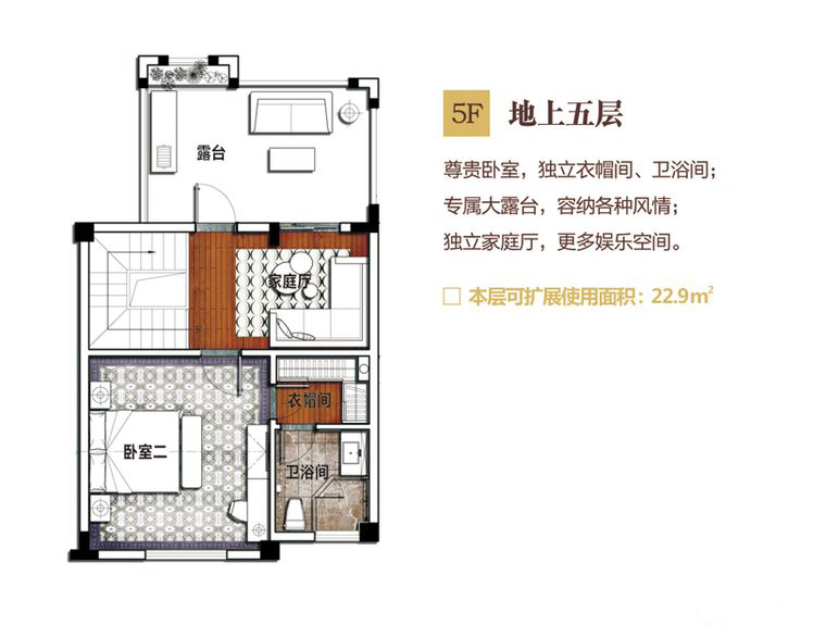 别墅F户型地上五层 5室3厅4卫1厨 建筑面积：184.46