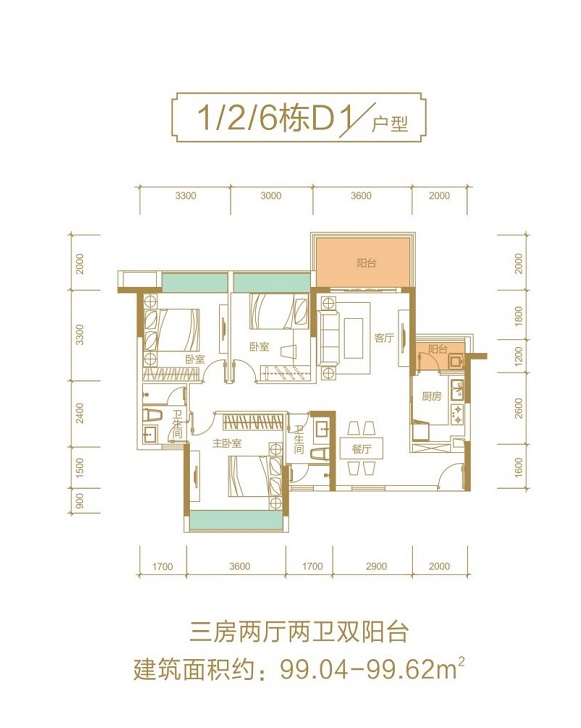 1、2、6栋D1户型 3房2厅1厨2卫 建筑面积约99.04