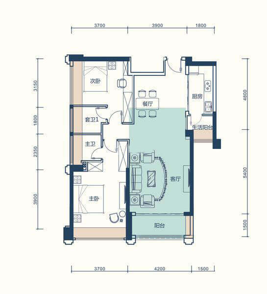 01户型 2室2厅2卫1厨 建筑面积 92.00㎡