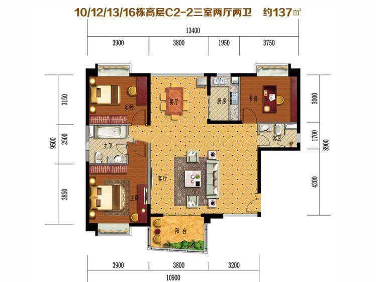 10、12-13、16栋高层C2-2户型，3室2厅2卫，建面