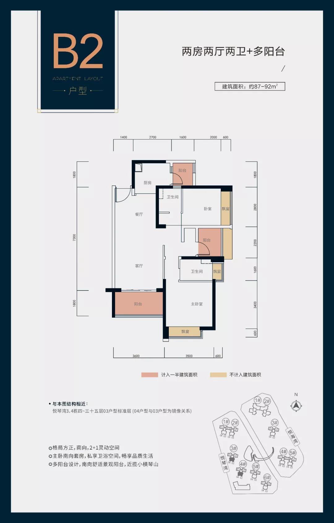 B2户型 2房2厅2卫 建面：87-92㎡